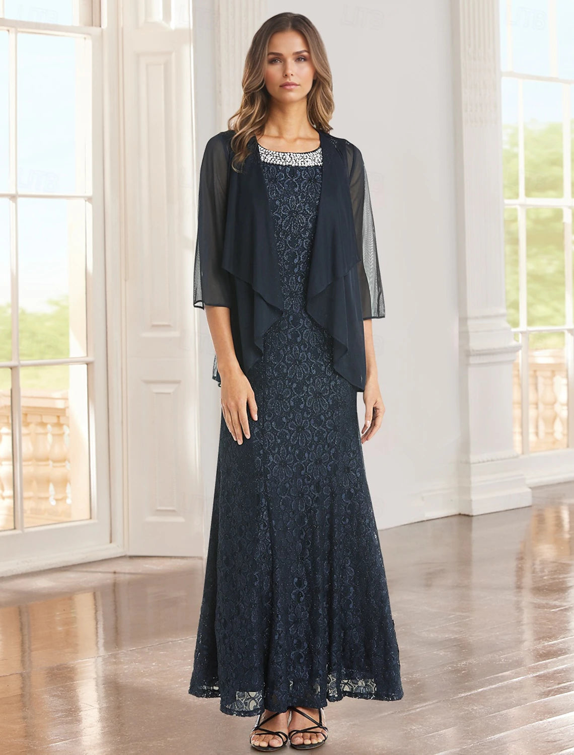 Buyishang Two Piece Sheath Dress Suit Mother of the Bride Dress Elegant Vintage Sparkle & Shine Jewel Neck Ankle Length Chiffon Lace 3/4 Length Sleeve with Lace Beading